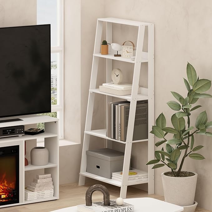 Furinno Ladder Book Shelf, 5-Tier Ladder Shelf, Bookshelf, Display Storage Shelves, 13 x 23.6 x 53.5, for Living Room, Home Office, Plain White - Image 2