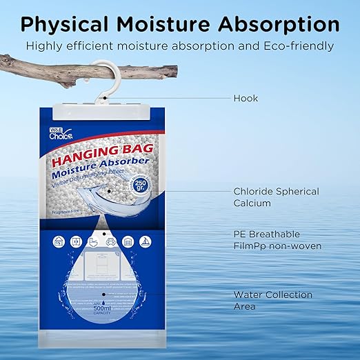 W&E Choice Moisture Absorbers Hanging Bag for Your Closet, Dehumidifier Bags for Bathroom, Fragrance Free Humidity Packs, 6 Pack - Image 3