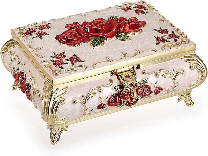 Hipiwe Metal Decorative Jewelry Box Vintage Treasure Chest Case Ornate Trinket Organizer Earrings Necklace Bracelet Storage Box Ring Holder Keepsake Box for Women - Image 9