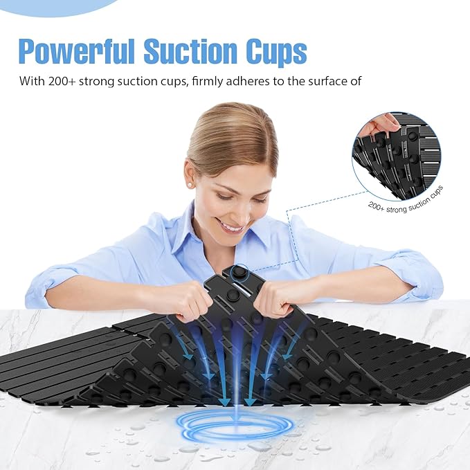 ​Shower Mat Non-Slip Bath Mat for Tub and Shower Stall,200+ Suction Cups with Drain Holes, Quick Dry Machine Washable, Extra Grip for Stand Up Showers, Bathroom Essentials 24x24 Inch(Black) - Image 2