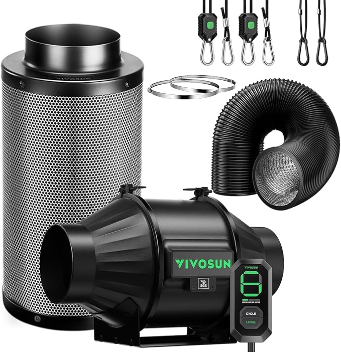 VIVOSUN Smart Air Filtration T4 Kit 4", AeroZesh T4 Inline Duct Fan with E12 Speed Controller, Carbon Filter & 8' Ducting, Cooling & Ventilation System for Grow Tents, Indoor Gardening, Hydroponics by VIVOSUN
