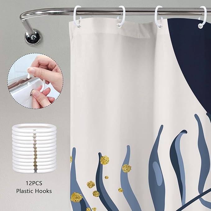 Navy Blue Boho Shower Curtain 72Wx72H Modern Abstract Bohemian Blue Gold Leaves Orange Minimalist Mid Century Plant Bathroom Decor Neutral Geometric Bath Curtain Fabric Polyester 12 Pack Hooks - Image 5