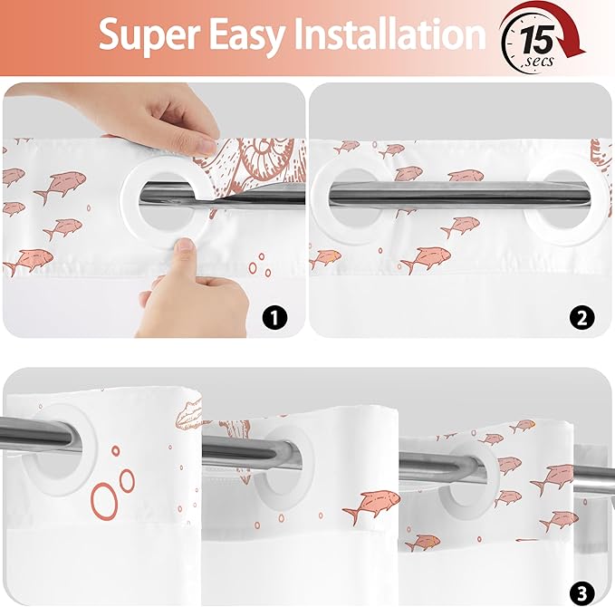 Extra Long No Hook Shower Curtain with Snap in Liner, Beach Ocean Nautical Coastal Shower Curtains and Liner Set for Bathroom, Seashell Fabric Bath Curtain, Waterproof Washable, Coral 71"x84" - Image 5