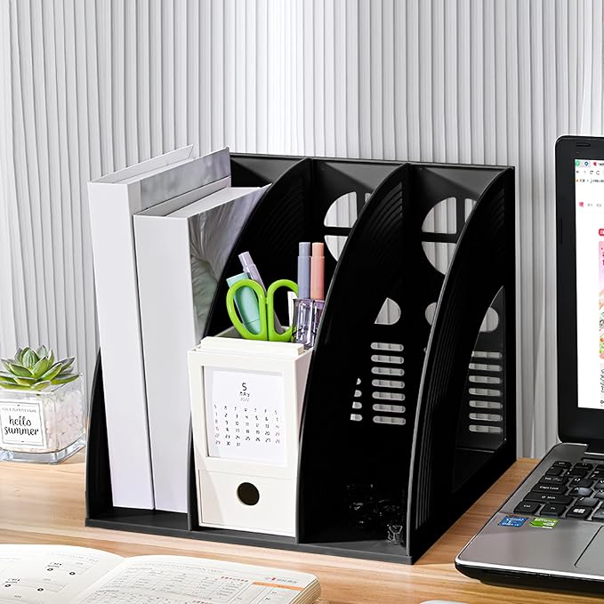 Marte Vanci Magazine File Holder Book Desktop Organizer Plastic Storage Sturdy Vertical 3 Section Folder Black - Image 6