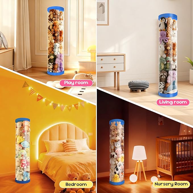 Upgraded Stuffed Animal Storage Tube, 47.24" Tall Stuff Animal Organizer with Double Zipper, PET Transparent Bucket, Space-Saving Animal Zoo Storage for Room (Blue) - Image 6