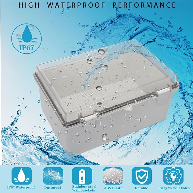 Waterproof Outdoor Electrical Box Junction Box Weatherproof IP67 ABS Plastic Enclosure Switch Router Project Box with Mounting Plate with Wall Bracket 2 Cable Glands Clear 11.4"x7.5"x5.5" - Image 2