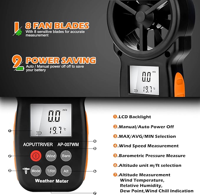 Digital Anemometer Barometer Pressure Gauge for Wind Speed ​​Temperature/Humidity/Dew Point/Wind Chill/Altimeter Barometer with Backlight MAX MIN AVG AP-007WM - Image 2