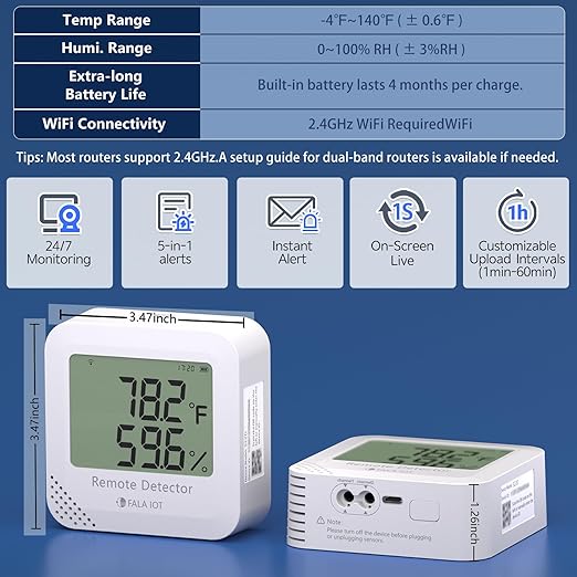 Remote WiFi Temperature & Humidity Sensor, No Subscription 24/7 Remote Temp Monitor with Email, Text Alerts, Sound & Light Alarm, Idea for RV, Pet, Greenhouse, Farm, Freezer, Server Room - Image 3