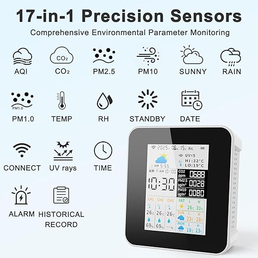 Air Quality Monitor Indoor 17-Parameter with APP Control Real-Time Display for CO2 PM2.5 PM10 Temperature Humidity 4 Sensors Alerts and Protection for Baby Rooms - Image 2