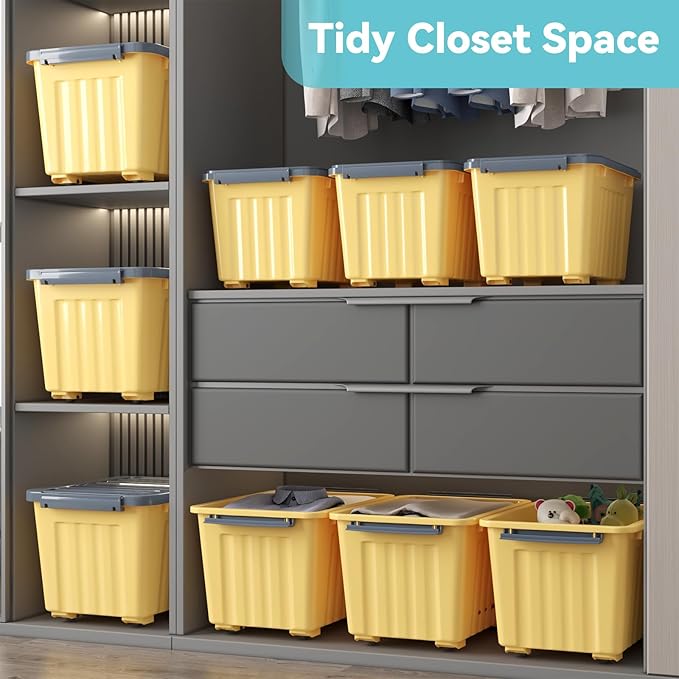 Nazhura Plastic Storage Bin, Stackable and Nestable Storage Boxes with White Lids and Secure Latching Buckles, Large Storage Container (Yellow/Purple, 72Quart-4Pack) - Image 6