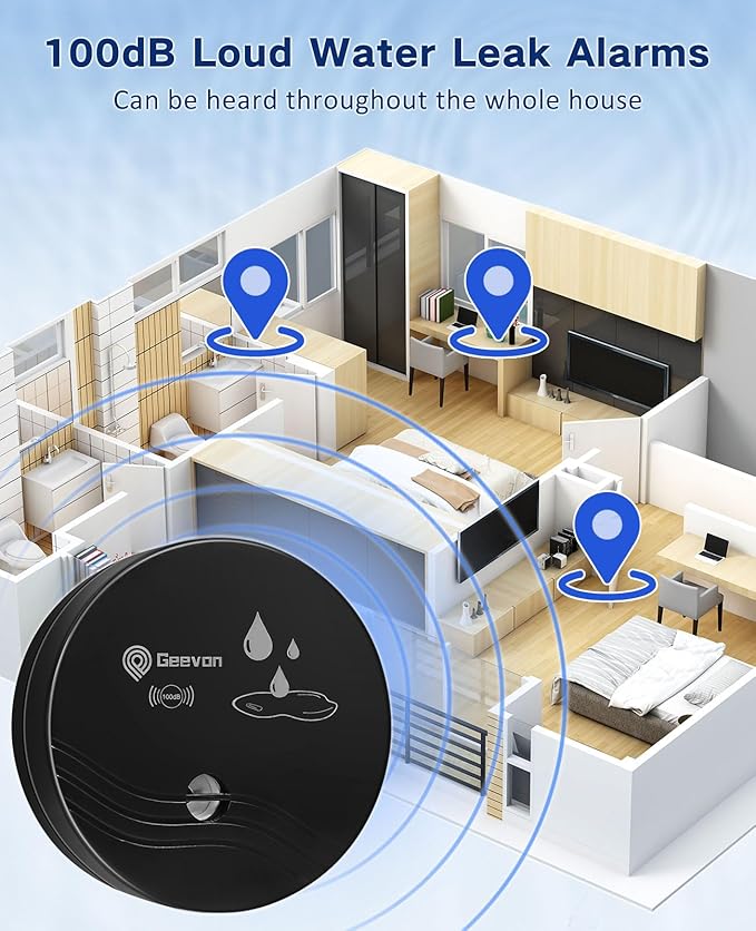 Geevon 2 Pack Water Leak Detectors, 100dB Water Sensor Alarms Flood Detector for Basements, Bathrooms, Laundry Rooms, Kitchens, Garages, and Attics, Water Alarms Battery-Operated (Battery Included) - Image 2