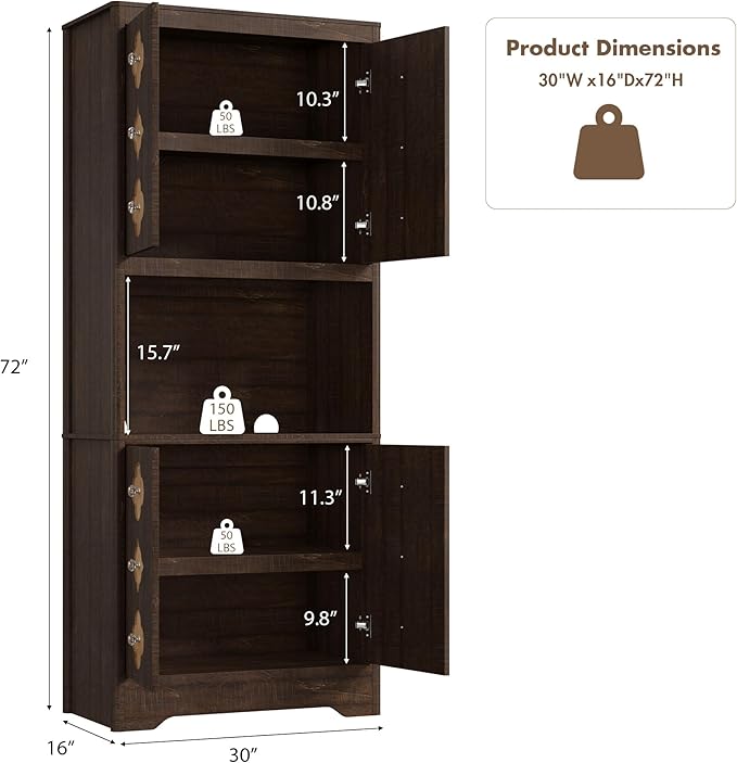 Garvee 72" Tall Pantry Cabinet, Kitchen Hutch Storage Cabinet with Countertop for Microwave, Freestanding Wooden Cupboard with Carved Door & Crystal Handle, for Dining Room, Living Room, Reddish Brown - Image 2