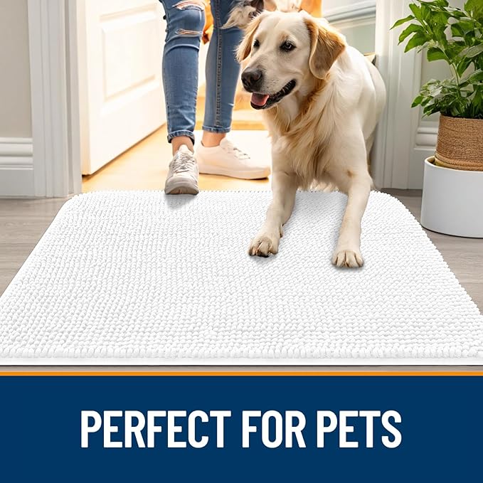 OLANLY Dog Door Mat for Muddy Paws 59x35, Absorbs Moisture and Dirt, Absorbent Non-Slip Washable Doormat, Quick Dry Chenille Mud Mat for Dogs, Entry Indoor Entryway Carpet for Inside Floor, White - Image 6