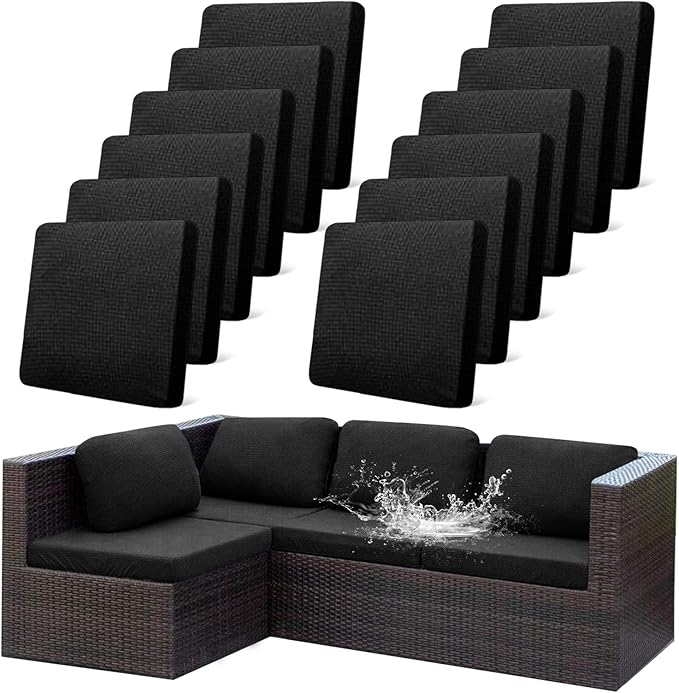12Pcs Outdoor Stretch Cushion Covers,Waterproof Outdoor Chair Cushion Covers for Patio Furniture, Washable Jacquard Couch Covers Replacement for Patio Furniture(Black, Cover Only) by CALBODE