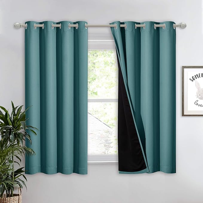 NICETOWN 100% Blackout Curtain with Black Liner, Thermal Insulated 2-Layer Lined Drape, Room Cooling Small Window Drapery for Dining Room (Sea Teal, 1 Panel, 52 inches W by 54 inches L) by NICETOWN