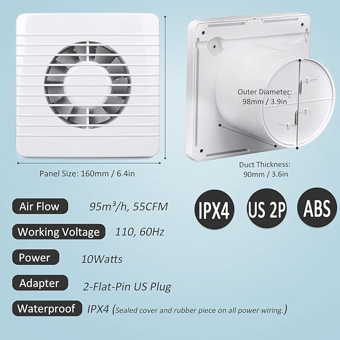 4 Inch Wall-Mounted Exhaust Fan, Small Bathroom Fan, IPX4 55CFM Window Extractor Fan w/with Anti-backflow Check for Toilet, Office, Kitchen - Image 3