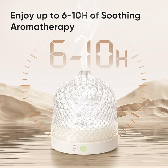 Glass Essential Oil Diffuser, 200ml Ultrasonic Aroma Diffusers with Glass Reservoir Dome & White Plastic Base Lock Color Auto-Off Timer 7 Color Light for Home Office Bedroom Yoga - Image 6