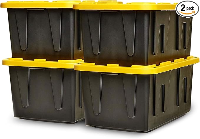 HOMZ 4-Pack Durabilt Tote, Heavy Duty Plastic Storage Bins with Lids, 27 Gallon, Black/Yellow - Stackable Organizing Containers for Home, Garage, and Shed by Homz