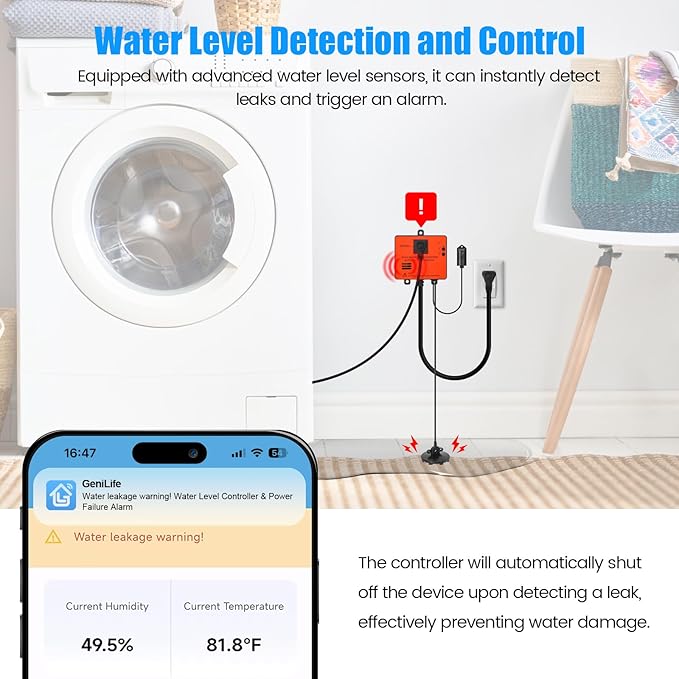 Ortis WiFi Power Failure & Water Leak Alarm, Real-Time Monitoring of Water Level, Temperature & Humidity, 110dB Siren with Flashing Light, APP Alerts, Ideal for Laundry Rooms & Basements - Image 2