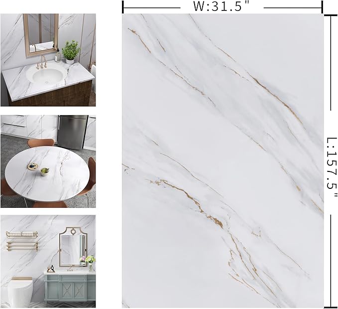 157"x31" Wide Marble Contact Paper White Counter Wrap Vinyl Waterproof Cabinet Covers Peel and Stick Granite Wallpaper Adhesive Table Cover Glossy Laminate Countertop Sheets Marble Vinyl Wrap - Image 7