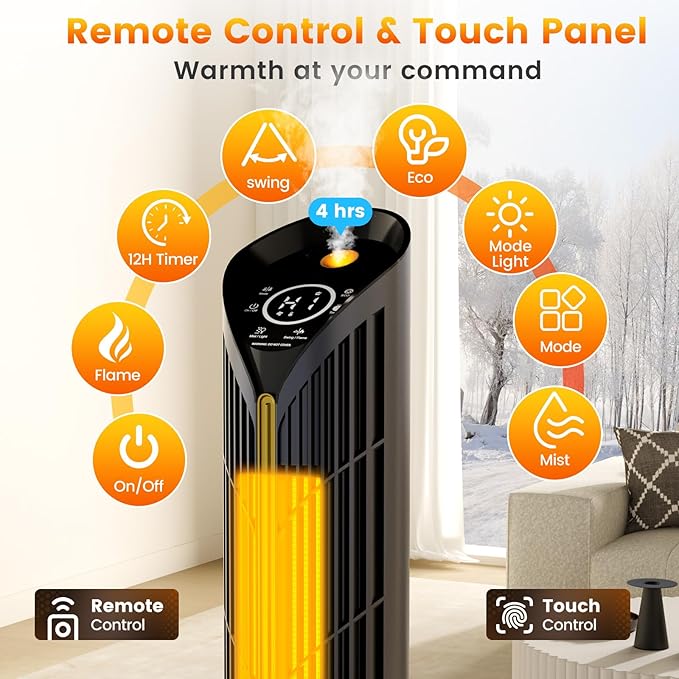 Auertech 28" Space Heater with Humidifier & LED Lights, 3 in 1 Electric Space Heater with 3D Flame, Oscillating Room Heaters with Eco Mode, 12H Timer, Space Heaters for Indoor Use Large Room, Bedroom - Image 2
