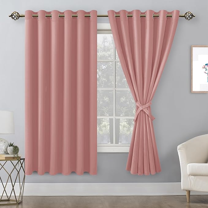 Hiasan Room Darkening Curtains for Bedroom, 70 x 63 Inches - Thermal Insulated & Energy Saving Window Drapes for Living Room/Dorm Room, Set of 2 Panels Sewn with Tiebacks, Dusty Rose - Image 2