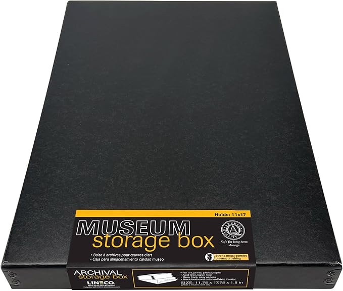 Lineco Museum Archival Storage Box, 11.75x17.75x1.5 in. Drop Front Design. Acid-Free with Metal Edge. Organize Photos, Pictures, Prints, Documents, Crafts, DIY. Black, 1 Pack by Lineco