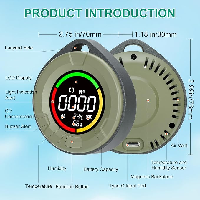 Portable Carbon Monoxide Detector for Travel, Mini 3-in-1 Carbon Monoxide Monitor with Magnetic Suction, RV CO Detector Alarm Temp/Humidity Sensor, Rechargeable CO Monitor 120-140HR Standby - Image 7