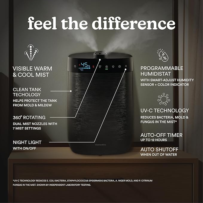 Homedics Deluxe Ultrasonic Humidifier for Large Rooms, Warm or Cool Mist, UV-C Technology, 1.5-Gallon Top Fill Tank, Smart Digital Programmable Humidistat, Home Dry Air Relief, Aromatherapy - Image 3