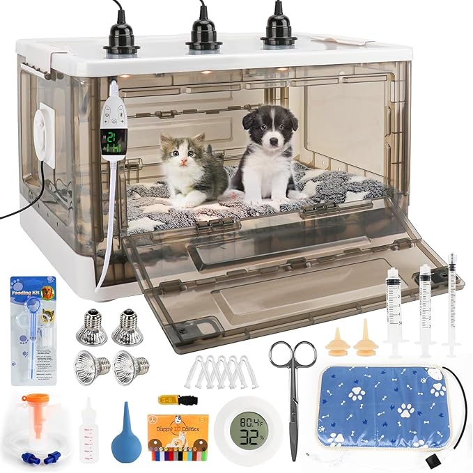 Puppy Incubator with Heating - 2026 New Puppy Incubators, Temperature Control & Quiet Ventilation, Kitten Incubators, Incubator for Puppies with 3Heat Lamp (23"x17"x14") by HKDQ