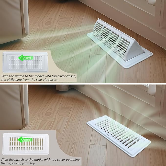 2-in-1 Vent Deflector for Home Floor, Strong Plastic, 4"x10“ Register Type of Deflector, POP up Damper Vent Directional Cover, Floor Air Vent Deflector Under Curtain, Couch or Bed (White, 2Pack) - Image 6