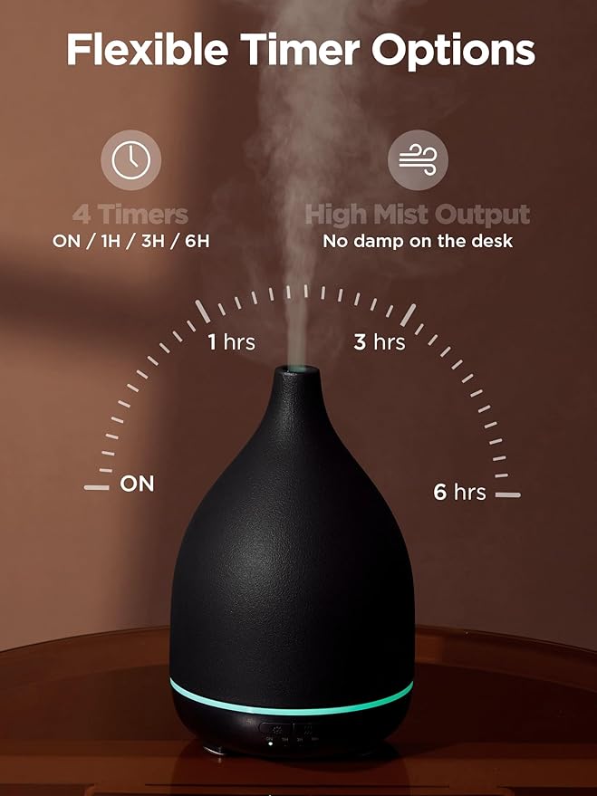 InnoGear Oil Diffuser, 300ML Ceramic Diffuser for Essential Oils Handcrafted Aromatherapy Diffuser Ultrasonic Cool Mist Humidifier with 4 Timers Waterless Auto Off for Room Office, Black - Image 3
