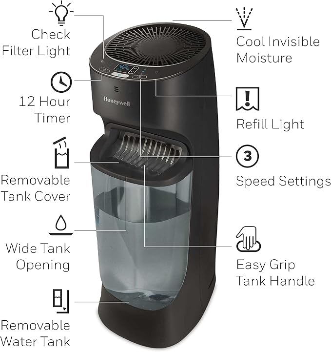 Honeywell Top Fill Tower Humidifier, Digital Humidistat, Black – Cool Mist Humidifiers for Bedroom, Home or Office with Space-Saving Tower Design - Image 7