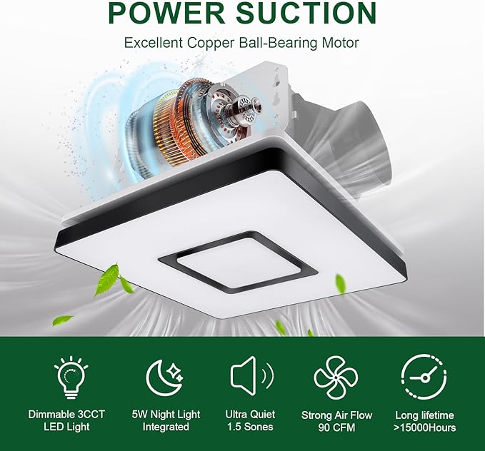 Akicon Bathroom Exhaust Fan with Light, 90 CFM, 1.5 Sones Bath Fan Light Combo, 15W Dimmable 3CCT LED Light with 5W Night Light Ventilation fan for Home, Square, White - Image 3