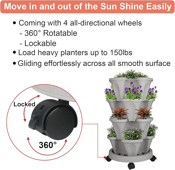 GameXcel Vertical Planter 4 Tier Stackable Planters Garden Planters Strawberry Herb Flower and Vegetable Planter Indoor Outdoor Gardening Pots with Removable Wheels and Tools - Image 6