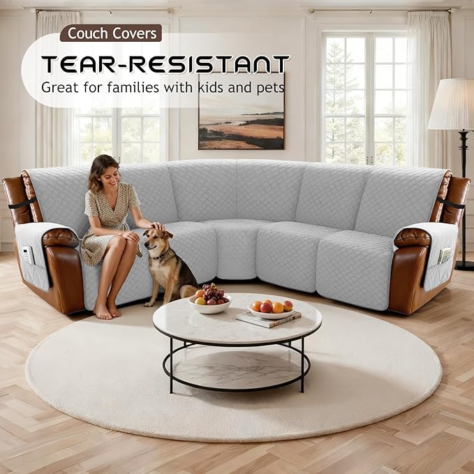 Arfntevss Waterproof Recliner Sectional Couch Covers for Reclining Sectional L Shape Sofa Cover Non Slip Washable Recliner L Shaped Slipcover Sets for Dog Furniture Protector (5 Seater, Dove Gray) - Image 7