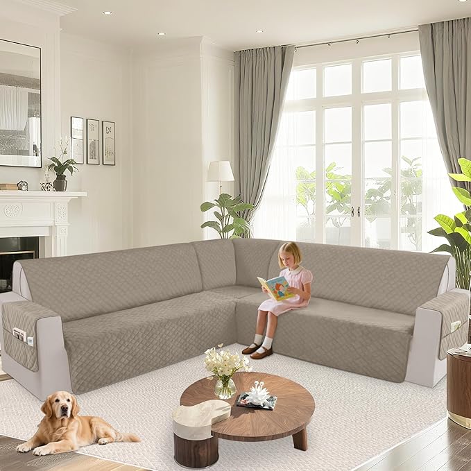 Arfntevss Waterproof Sectional Couch Covers L Shape Washable Velvet Sofa Cover for Sectional Non Slip U Shaped Corner Sofa Slipcover Sets Dog 6 Pcs Universal Furniture Protector (Light Khaki, Small) - Image 6