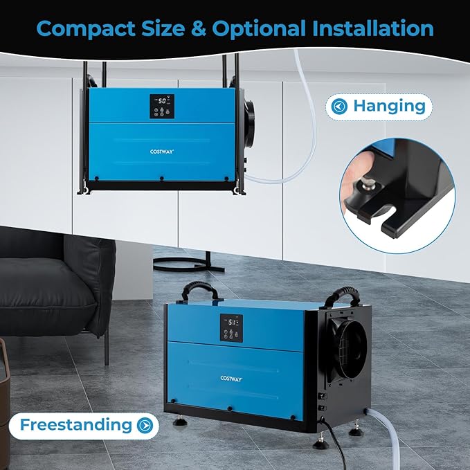 COSTWAY 155 PPD Commercial Dehumidifier, 1900 Sq.Ft Crawl Space Dehumidifier with 9.8 FT Drain Hose & Wired Remote Control Panel, Ideal for Basement, Warehouse (Blue) - Image 3