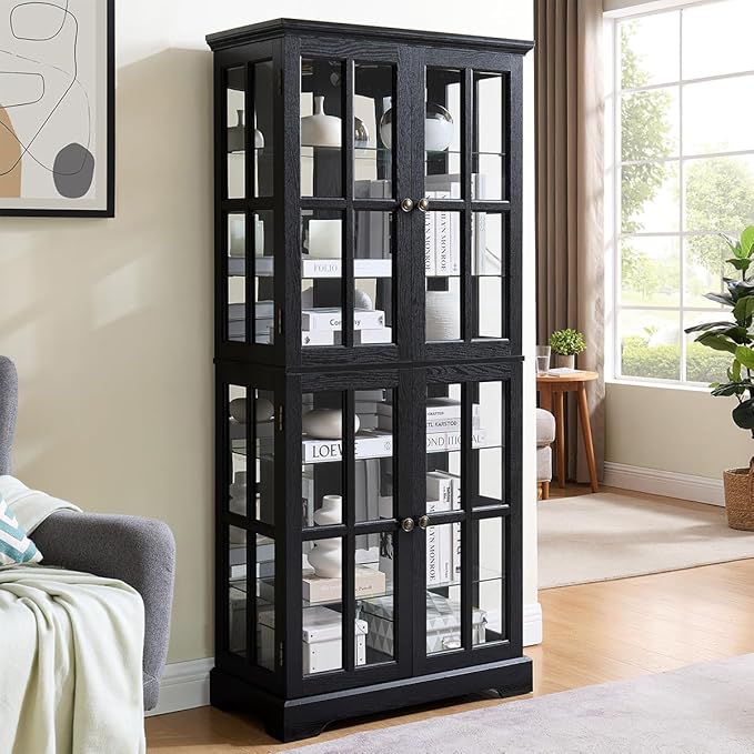 Lighted Glass Curio Cabinet with Lights & Adjustable Shelves,Curio Display Cabinet with Wood Frame & Glass Door,Corner Antique Display Case for Kitchen,Living Room,Office - Image 5