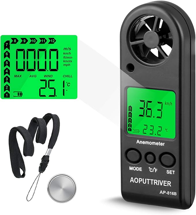 Anemometer Handheld Wind Speed Meter for Measuring Wind Speed Temperature and Max/Average/Current, High Precision Anemometer Measuring for Windsurfing Sailing Fishing Outdoor Activities by AOPUTTRIVER