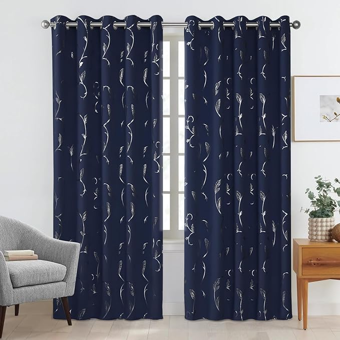 BUHUA Silver Grey Blackout Curtain 2 Panel Set Vine Foil Print Thermal Insulated Drapes Room Darkening Curtains Grommet Window Treatment, 66 x 72 Inch, Navy Blue - Image 2