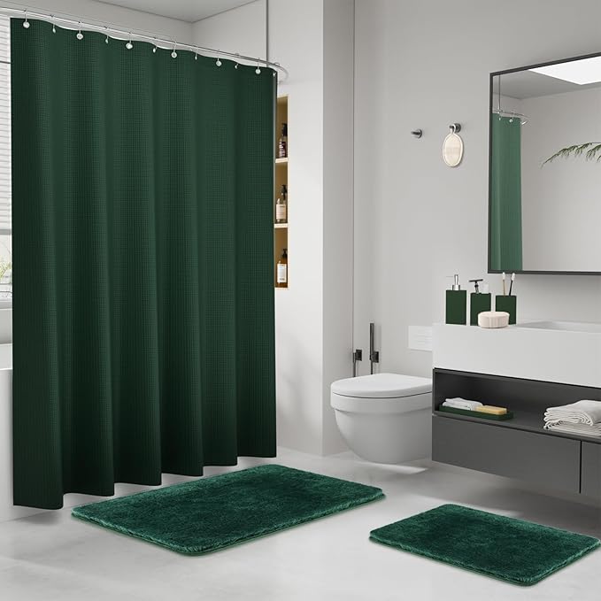 Green Bathroom Set, Dark Green Bathroom Accessories Set with Shower Curtain and No-Slip Bath Rugs, Natural Loofah Sponge, Soap Dispenser, Toothbrush Holder, Bathroom Tumbler and Tray for Bathroom - Image 2