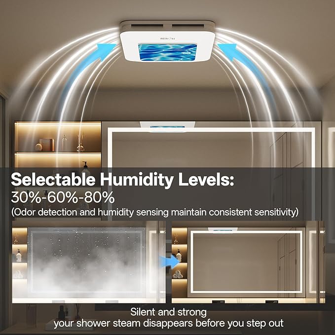 Bathroom Fan with Humidity Sensor,230 CFM 1.0 Sone Bathroom Exhaust Fan with Light,Ventilation and Exhaust Fan with Remote Control and Timer Function,Ripple Texture - Image 6