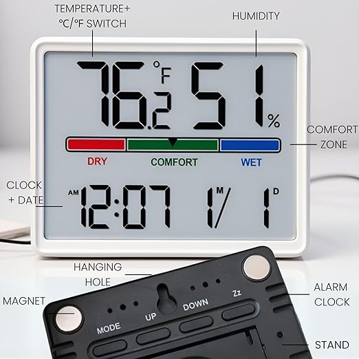Digital Hygrometer Indoor Thermometer, Clock with Temp & Humidity, Temp Gauge with Comfort Indicator, Wall/Magnetic/Desk Alarm Clock for Bedroom, Baby Room, Office, Kitchen, Garage (Black) - Image 3