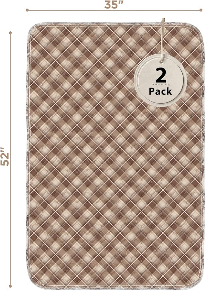 Non-Slip Bed Pads for Incontinence Washable (36" x 52"|2 Pack), Waterproof Bed Pads, Brown Grid, Bed Wetting Pads for Bed, Sofa, Floor, Resuable Underpads for Adults, Seniors, Pet - Image 2