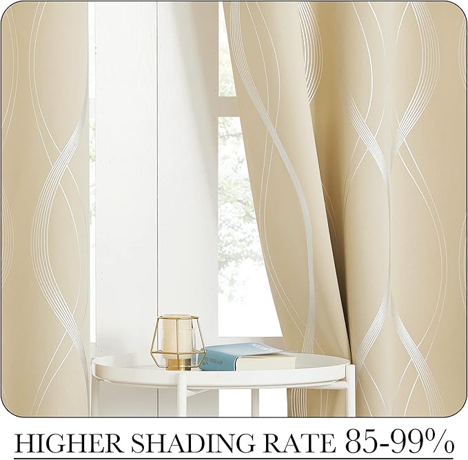 NICETOWN Bedroom Curtains Small Blackout Panels, Biscotti Beige, Set of 2, 42 by 40 Inch, Window Treatment Thermal Insulated Blackout Wave Line Foil Print Design Curtains for Kitchen, Cafe, Loft - Image 3
