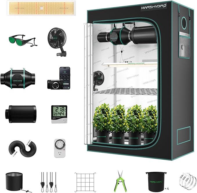 MARS HYDRO 2x4 Grow Tent Kit Complete System with 300W TSL2000 4x2 Full Coverage Dimmable Light,48"x24"x71" 1680D High Reflective Mylar,4inch 26.8dB,205CFM Smart Ventilation Kit,10 Speed Clip Fan by MARSHYDRO
