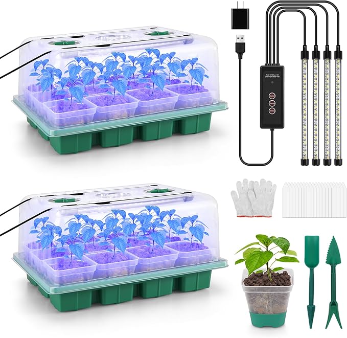 BlumWay Seed Starter Tray with Grow Light,24 Pack 2.9 inch Reuseable Clear Nursery Pots with Silicone Base/Humidity Dome for Deep-Rooted Seedlings,Adjustable Timed Light Plant Starter Set by BlumWay