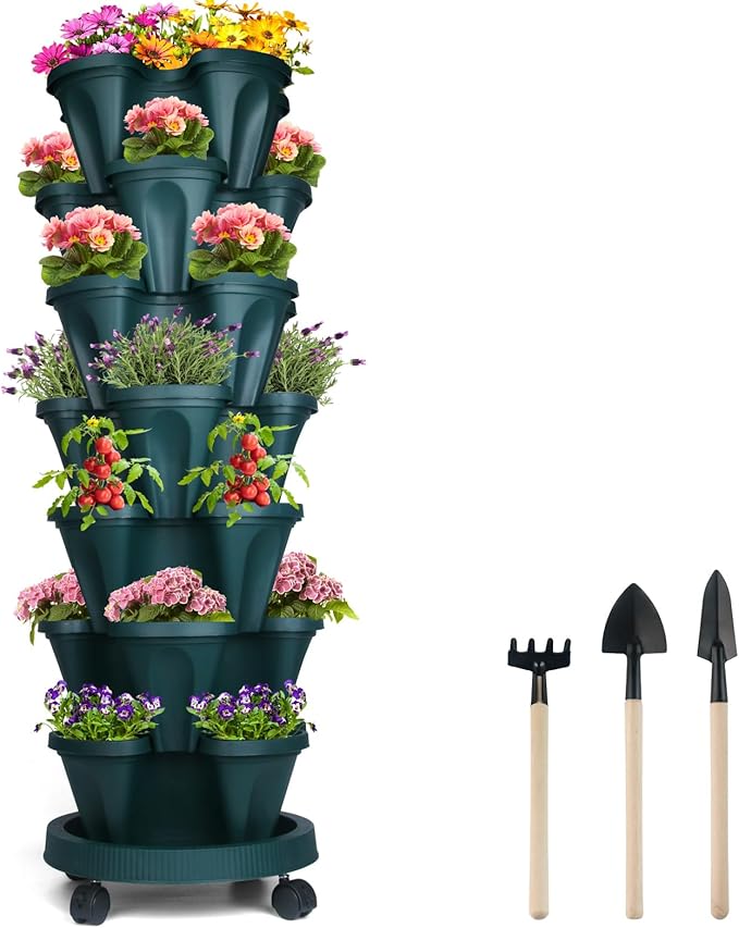DUNCHATY Stackable Planter, Vertical Garden Planter with Wheels and Tools, Self Watering Strawberry Planter Indoor/Outdoor 7 Tier Herb Planter Pots for Growing Vegetables and Succulents,Pine Green by DUNCHATY