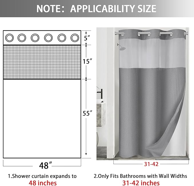 No Hook Shower Curtain and Liner Set,Grey Hotel Waffle Shower Curtain with Liner 75" L x 48" W - Image 6